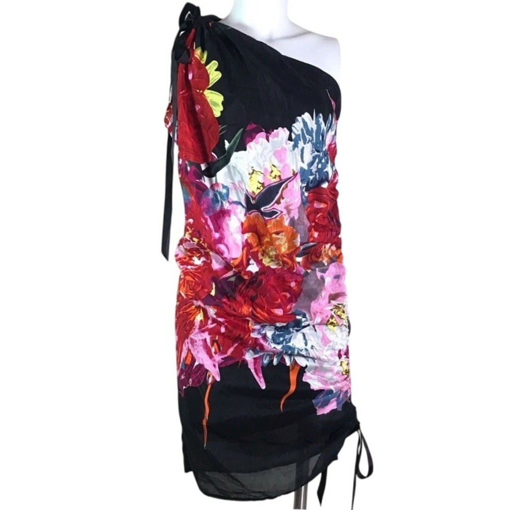 ASOS BLACK MULTI FLORAL ONE SHOULDER DRESS